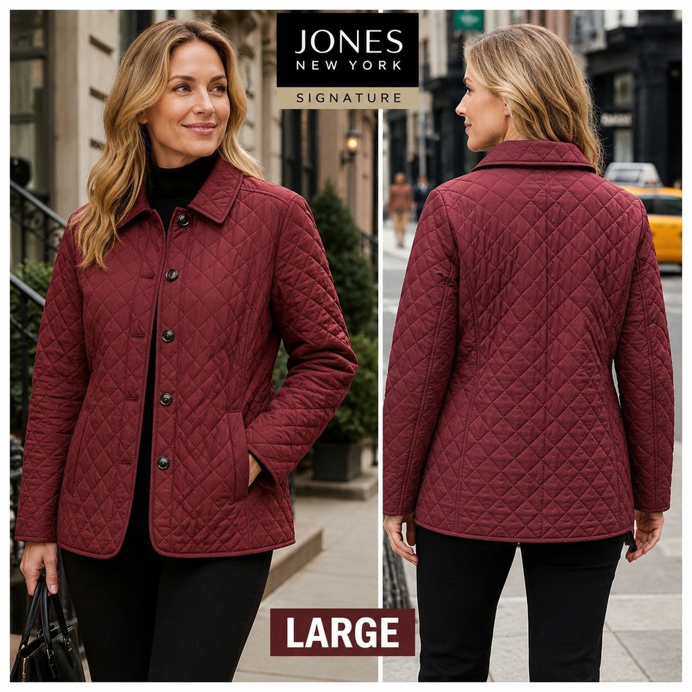 Jones New York Signature Quilted Jacket Burgundy Wine Button Front Womens Large
